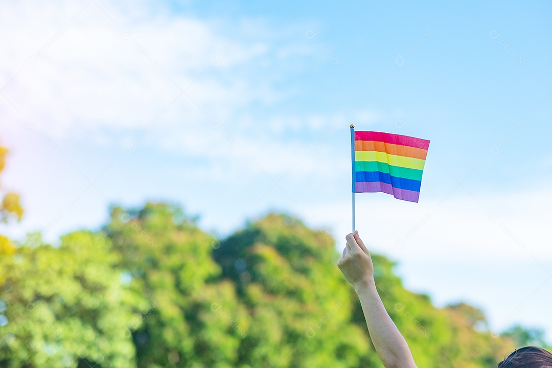 Mãos mostrando a bandeira LGBTQ Arco-íris no fundo da natureza.