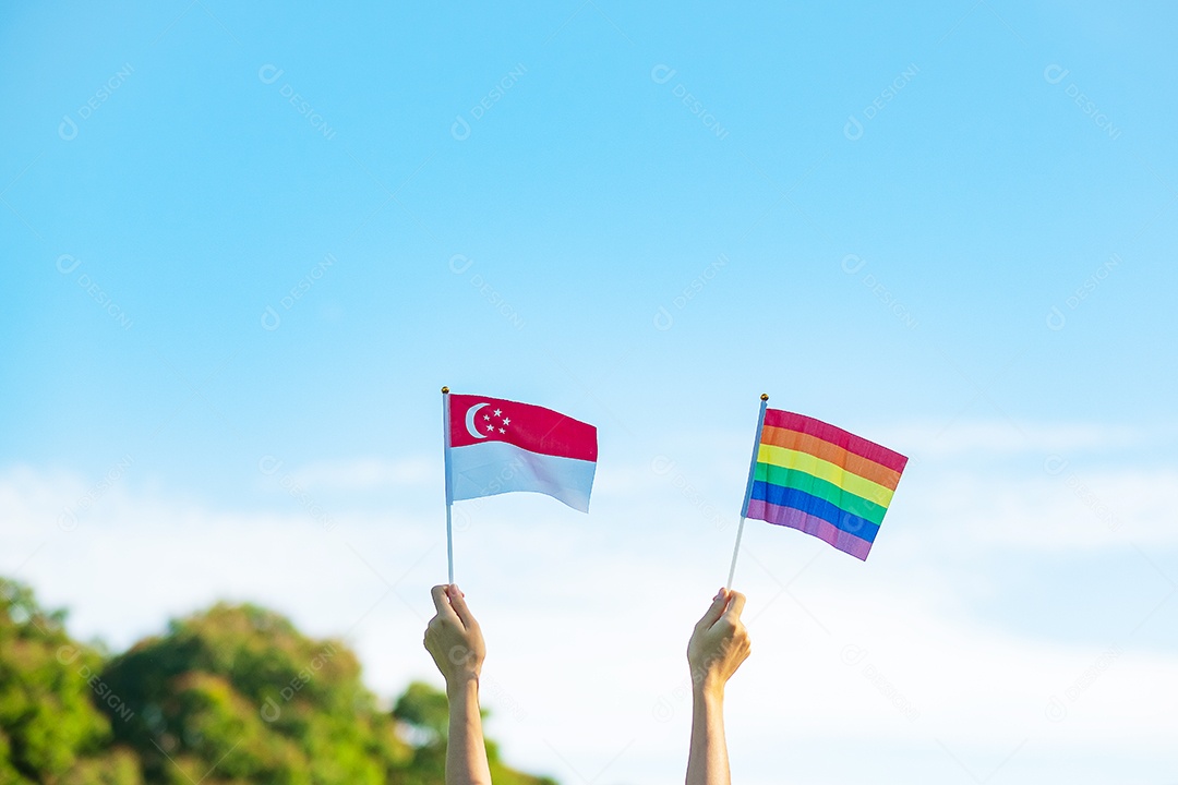Mãos mostrando LGBTQ Arco-íris e bandeira de Cingapura no fundo da natureza.