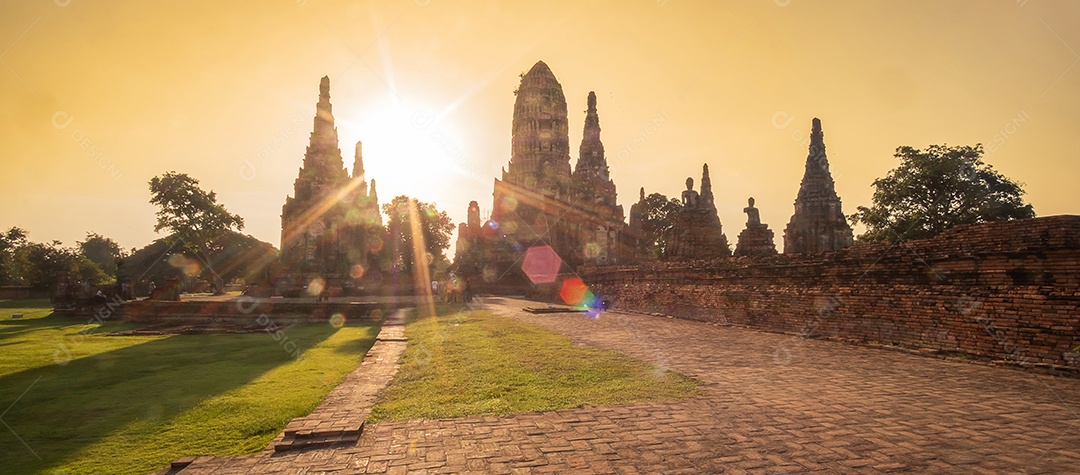 Beautiful sunset ancient stupa at Wat Chaiwatthanaram temple