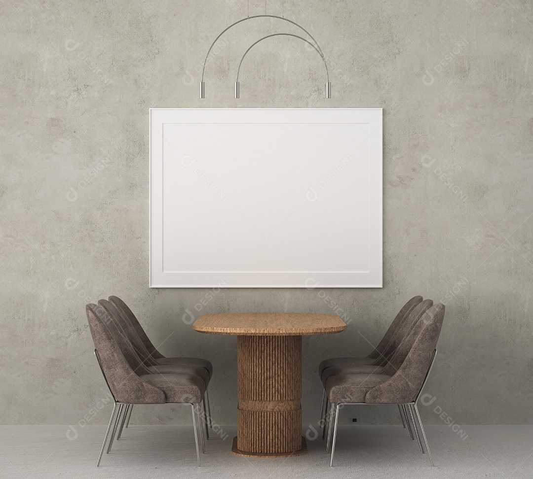 Placa grande de maquete de ilustração 3D com moldura na sala de jantar em casa ou restaurante, cores pastel interiores de estilo escandinavo e decoração com móveis bonitos e confortáveis, renderização