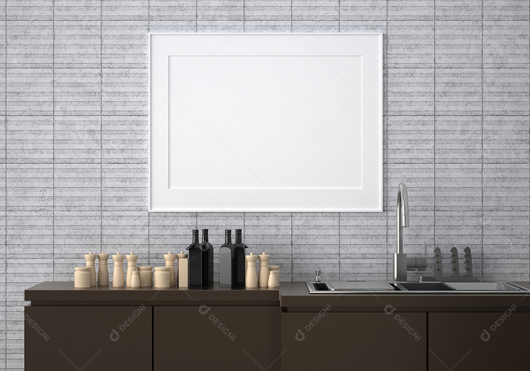 Placa grande de maquete de ilustração 3D com moldura na sala de jantar com cozinha em casa, cores pastel interiores de estilo escandinavo e decoração com móveis bonitos e confortáveis, renderização
