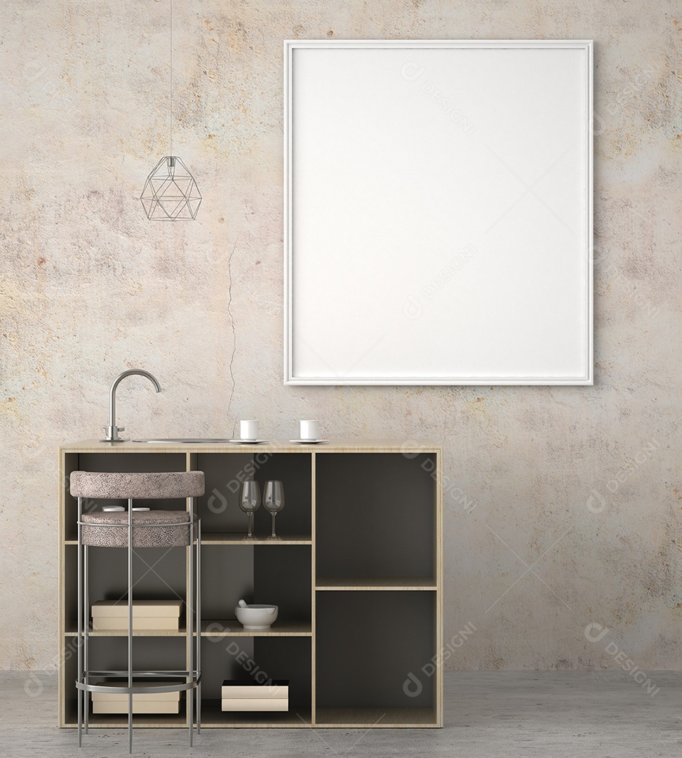 Placa grande de maquete de ilustração 3D com moldura na sala de jantar com cozinha em casa, cores pastel interiores de estilo escandinavo e decoração com móveis bonitos e confortáveis, renderização