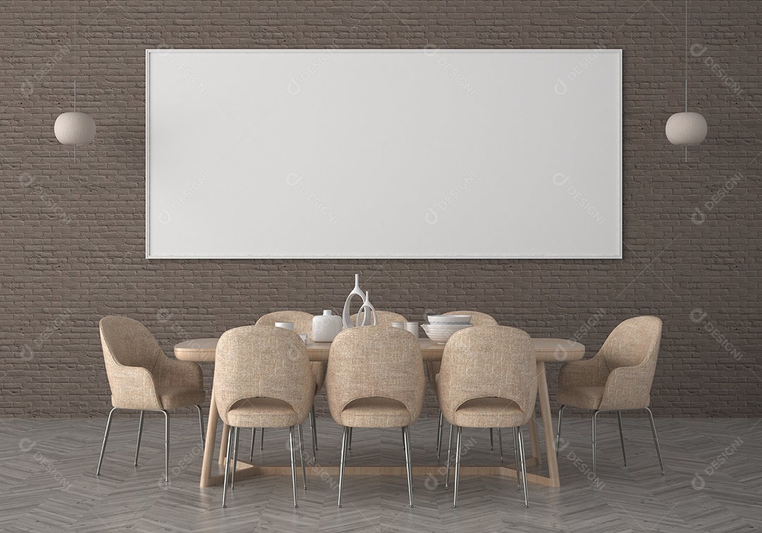 Placa grande de maquete de ilustração 3D com moldura na sala de jantar em casa ou restaurante, cores pastel interiores de estilo escandinavo