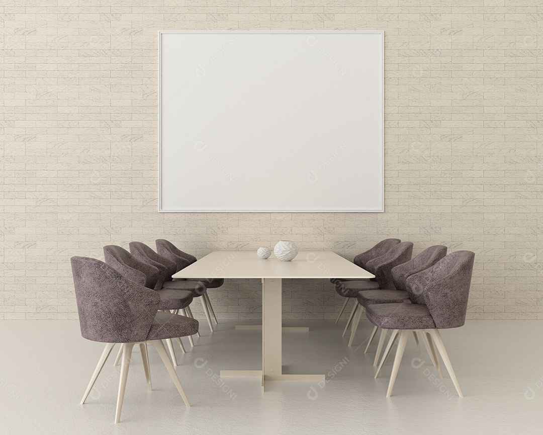 Placa em branco de maquete de ilustração 3D com moldura na parede na sala de jantar ou reunião, interior de estilo escandinavo com móveis aconchegantes e plantas em decoração natural, renderização