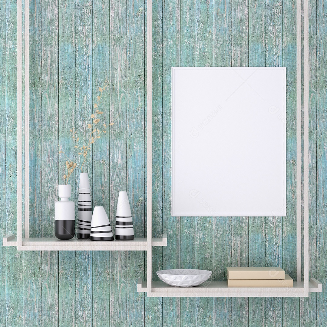 Moldura de foto de maquete de ilustração 3D na bela prateleira de parede no banheiro com garrafa, decorada com equipamento confortável no chão