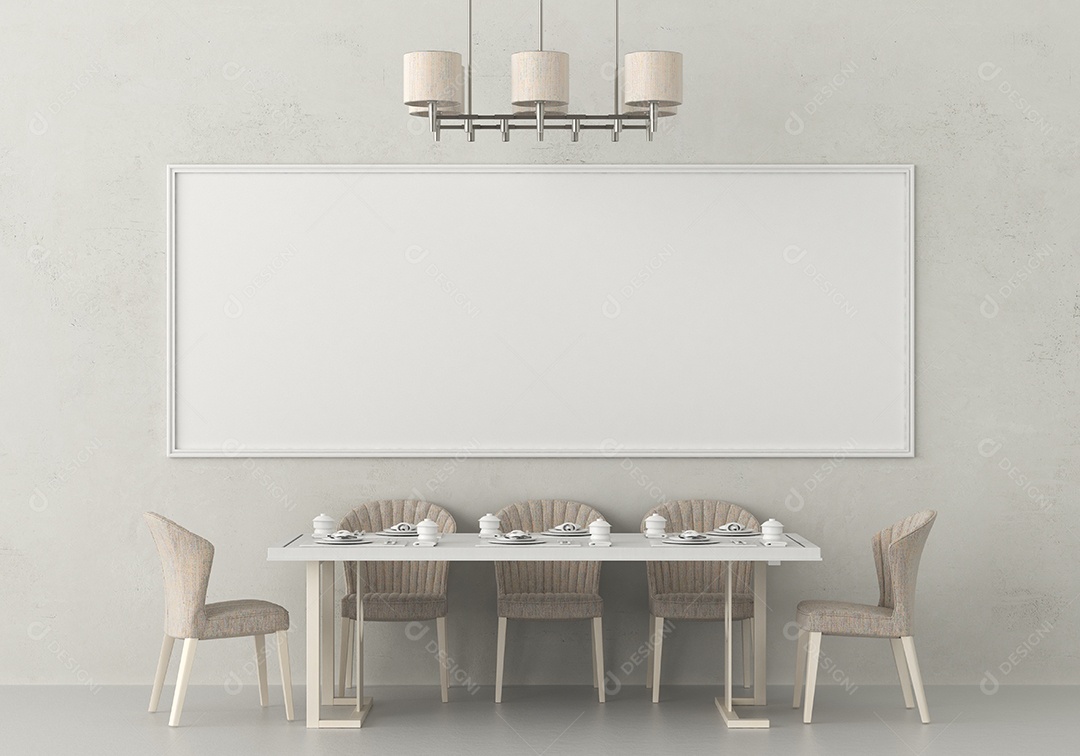 Placa grande de maquete de ilustração 3D com moldura na sala de jantar em casa ou restaurante, cores pastel interiores de estilo escandinavo e decoração com móveis bonitos e confortáveis, renderização