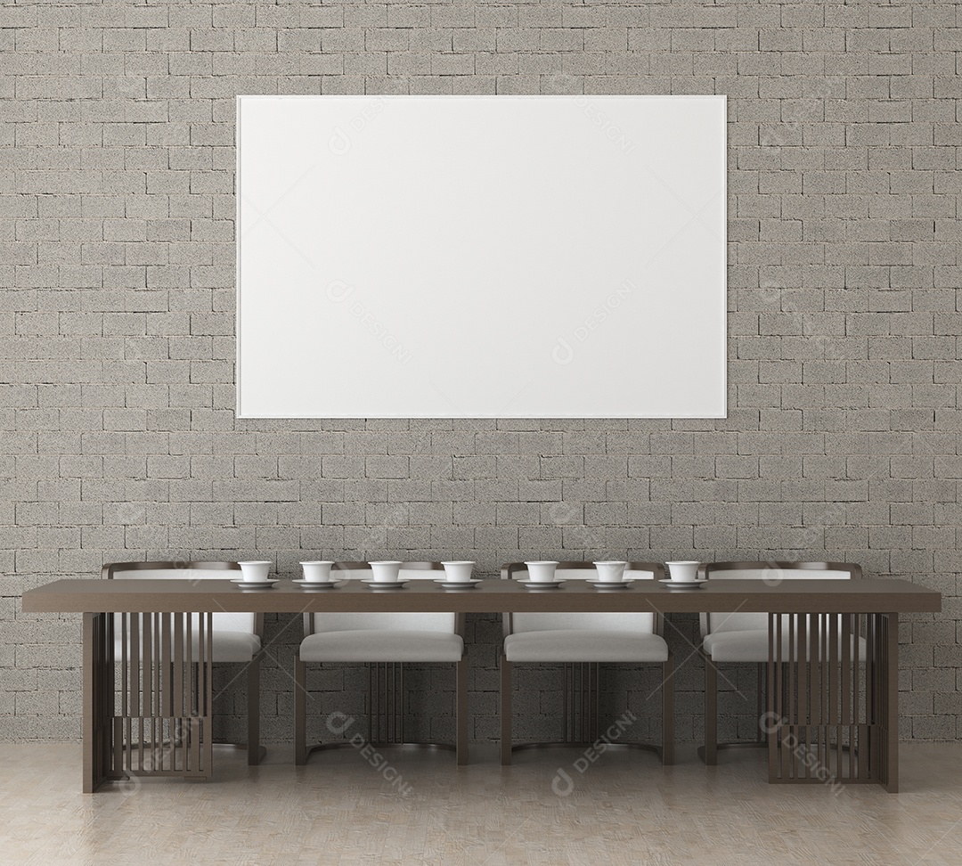 Placa grande de maquete de ilustração 3D com moldura na sala de jantar em casa ou restaurante, cores pastel interiores de estilo escandinavo