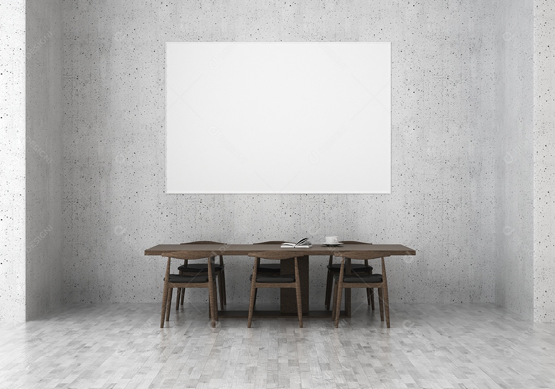 Placa grande de maquete de ilustração 3D com moldura na sala de jantar em casa ou restaurante, cores pastel interiores de estilo escandinavo