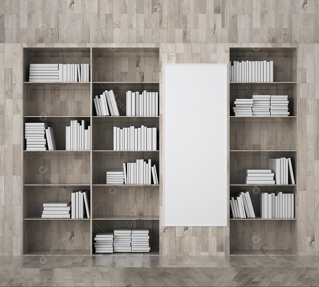 Placa em branco de maquete de ilustração 3D com moldura na vitrine na área de trabalho em casa, interior de estilo escandinavo com móveis aconchegantes