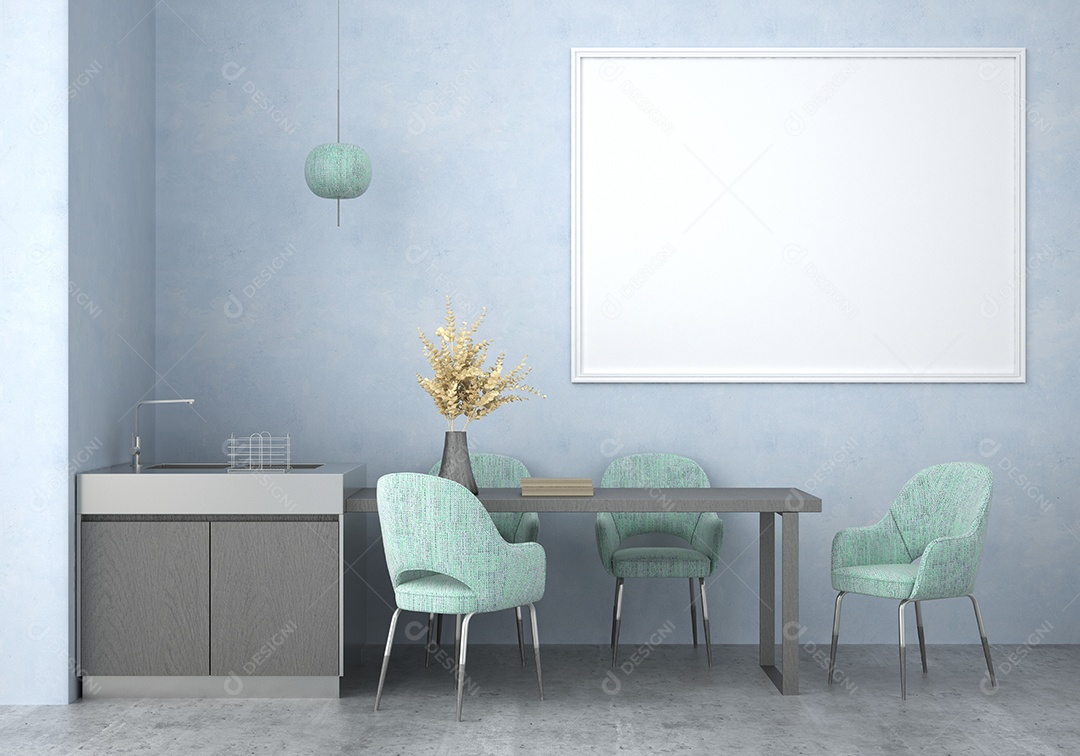 Placa grande de maquete de ilustração 3D com moldura na sala de jantar com cozinha em casa, cores pastel interiores de estilo escandinavo