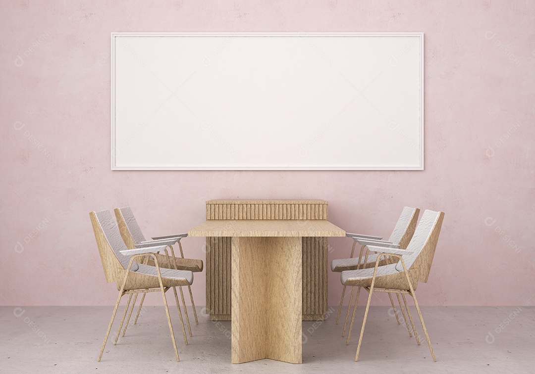 Placa grande de maquete de ilustração 3D com moldura na sala de jantar em casa ou restaurante, cores pastel interiores de estilo escandinavo e decoração com móveis bonitos e confortáveis, renderização