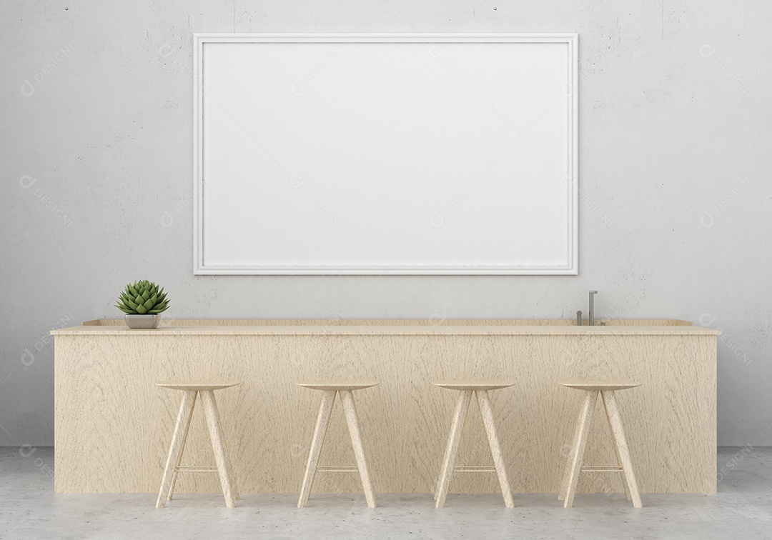 Placa grande de maquete de ilustração 3D com moldura na sala de jantar em casa ou restaurante, cores pastel interiores de estilo escandinavo