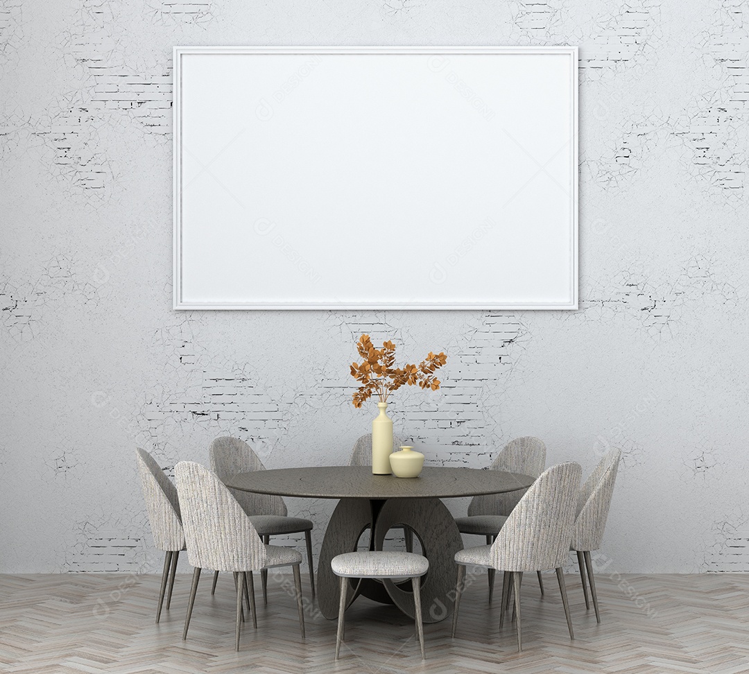 Placa grande de maquete de ilustração 3D com moldura na sala de jantar em casa ou restaurante, cores pastel interiores de estilo escandinavo