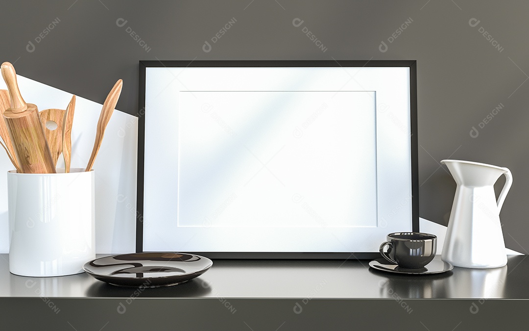 Placa grande de maquete de ilustração 3D com moldura na sala de jantar com cozinha em casa, cores pastel interiores de estilo escandinavo