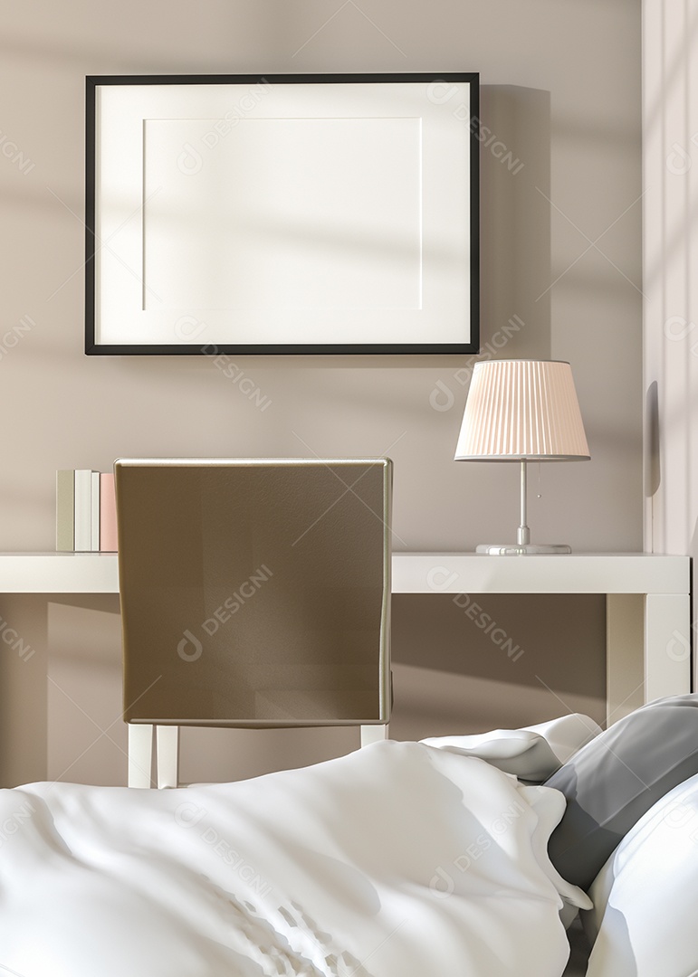 Ilustração 3D Mock up poster frame no interior do quarto, Decorado com móveis bonitos e confortáveis, Renderização