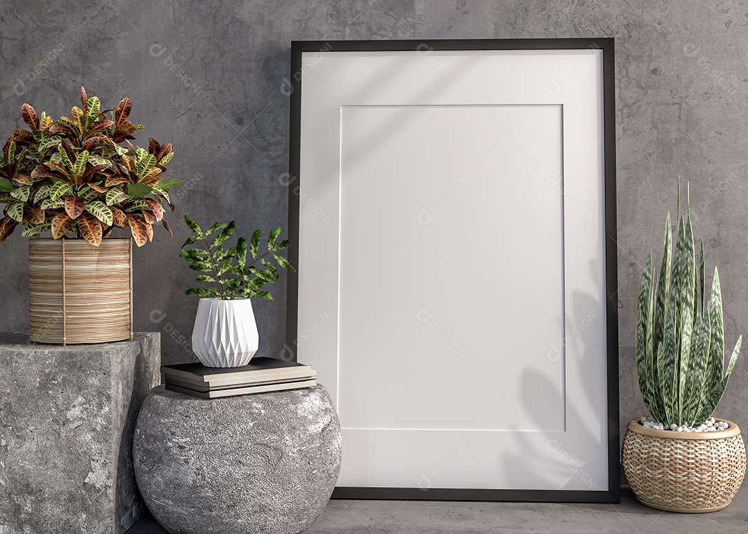 Moldura de foto de maquete de ilustração 3D na bela parede na sala da galeria ou no salão do lugar de luxo, decorada com ornamento de conceito, renderização