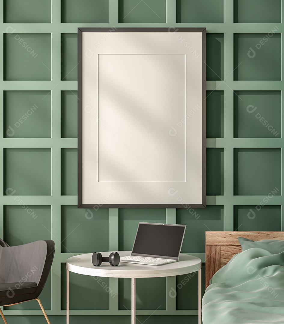 Ilustração 3D Mock up poster frame no interior do quarto, Decorado com móveis bonitos e confortáveis, Renderização