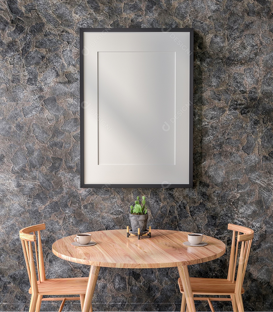 Quadro de pôster de maquete de ilustração 3D na parede do restaurante com mesas e cadeiras, interior da cantina no escritório ou hotel, renderização