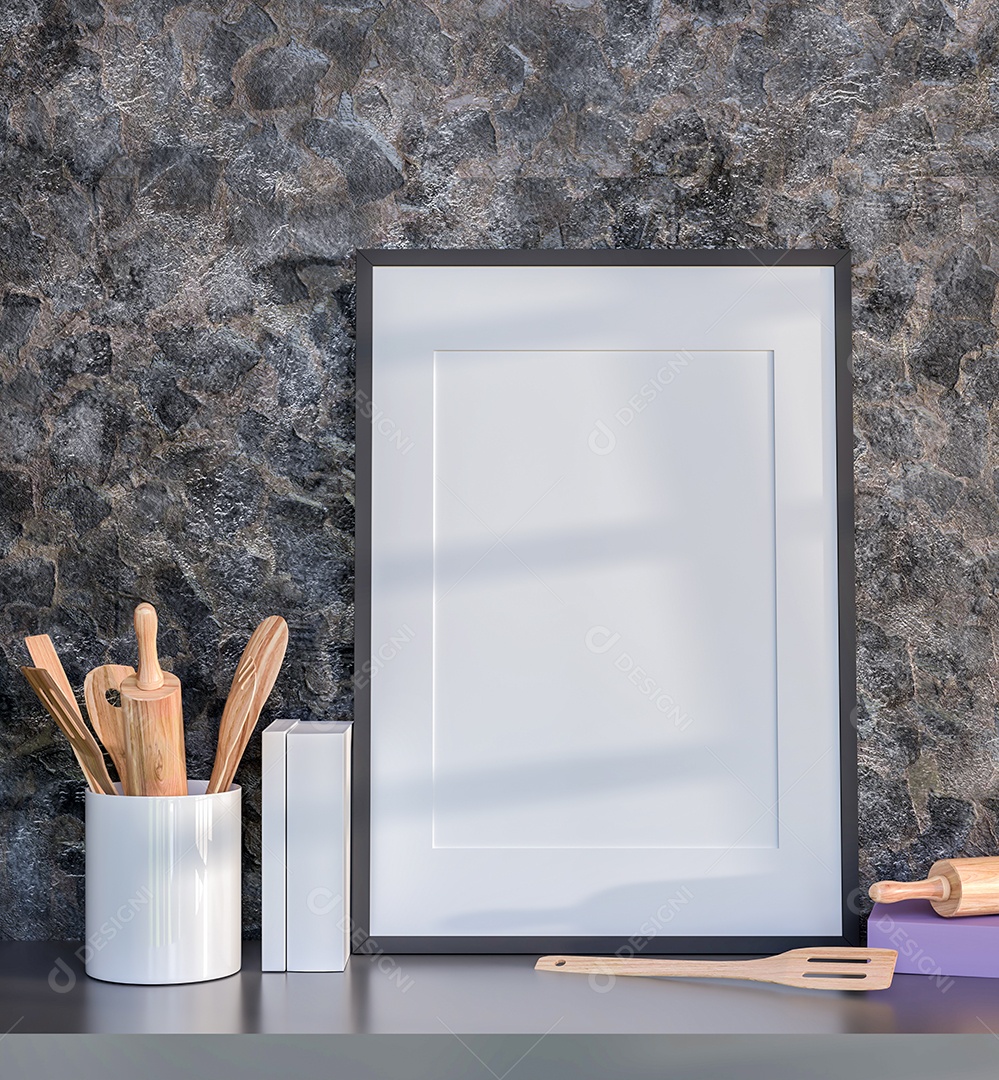 3D illustration mockup big board with frame in dining room with kitchen at home, Scandinavian style interior pastel colors and decoration with beautiful and comfortable furniture, rendering