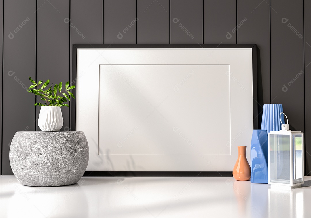Placa em branco de maquete de ilustração 3D com moldura na parede da sala de estar, interior de estilo escandinavo com vaso de plantas e decoração natural, renderização
