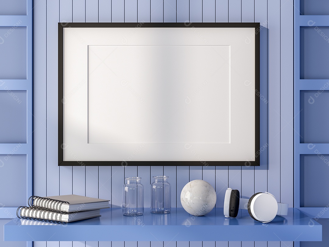 Placa em branco de maquete de ilustração 3D com moldura na parede da sala de estar, interior de estilo escandinavo com vaso de plantas e decoração natural, renderização