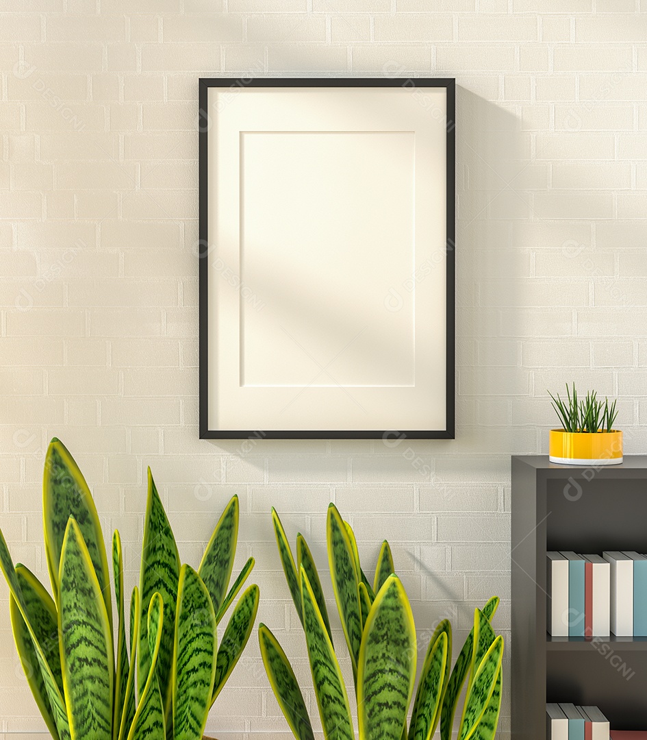 Molduras para fotos de maquete de ilustração 3D na parede da sala de estar, interior de estilo escandinavo com móveis aconchegantes