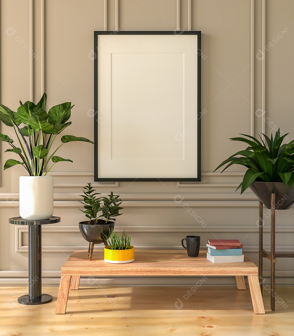 Placa em branco de maquete de ilustração 3D com moldura na parede da sala de estar, interior de estilo escandinavo com vaso de plantas e decoração natural, renderização