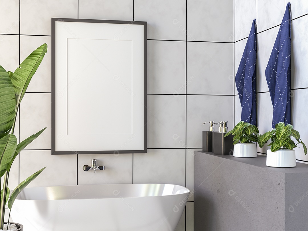 Placa em branco de maquete de ilustração 3D com moldura na parede da sala de estar, interior de estilo escandinavo com vaso de plantas e decoração natural, renderização