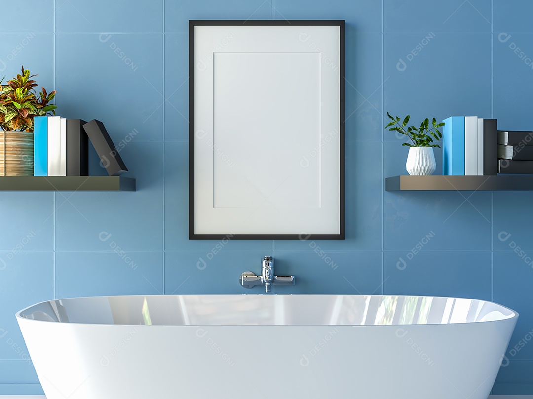 Molduras para fotos de maquete de ilustração 3D na bela parede sobre banheira no banheiro com vaso de plantas, decorado com equipamento confortável no chão, renderização