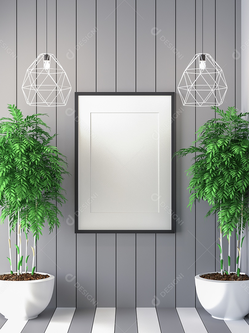 Moldura de foto de maquete de ilustração 3D na bela parede na sala da galeria ou no salão do lugar de luxo, decorada com ornamento de conceito, renderização