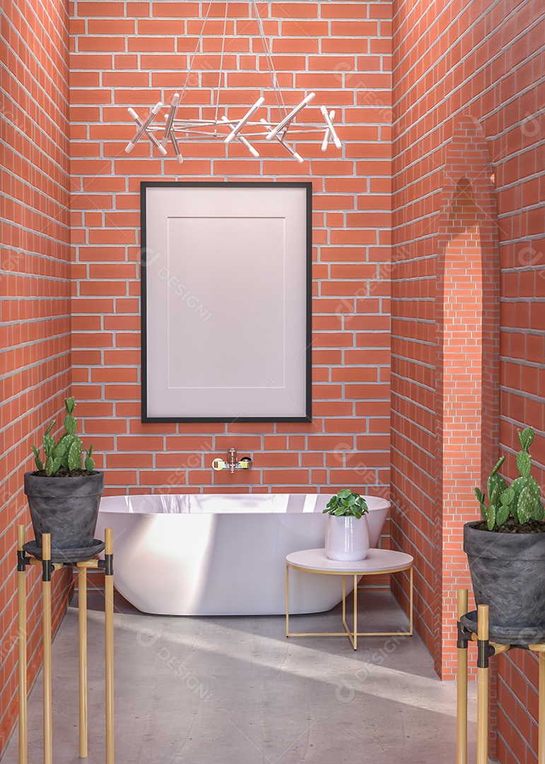 Moldura de foto de maquete de ilustração 3D na parede de tijolos sobre a banheira no banheiro, decorada com equipamento confortável no chão, renderização
