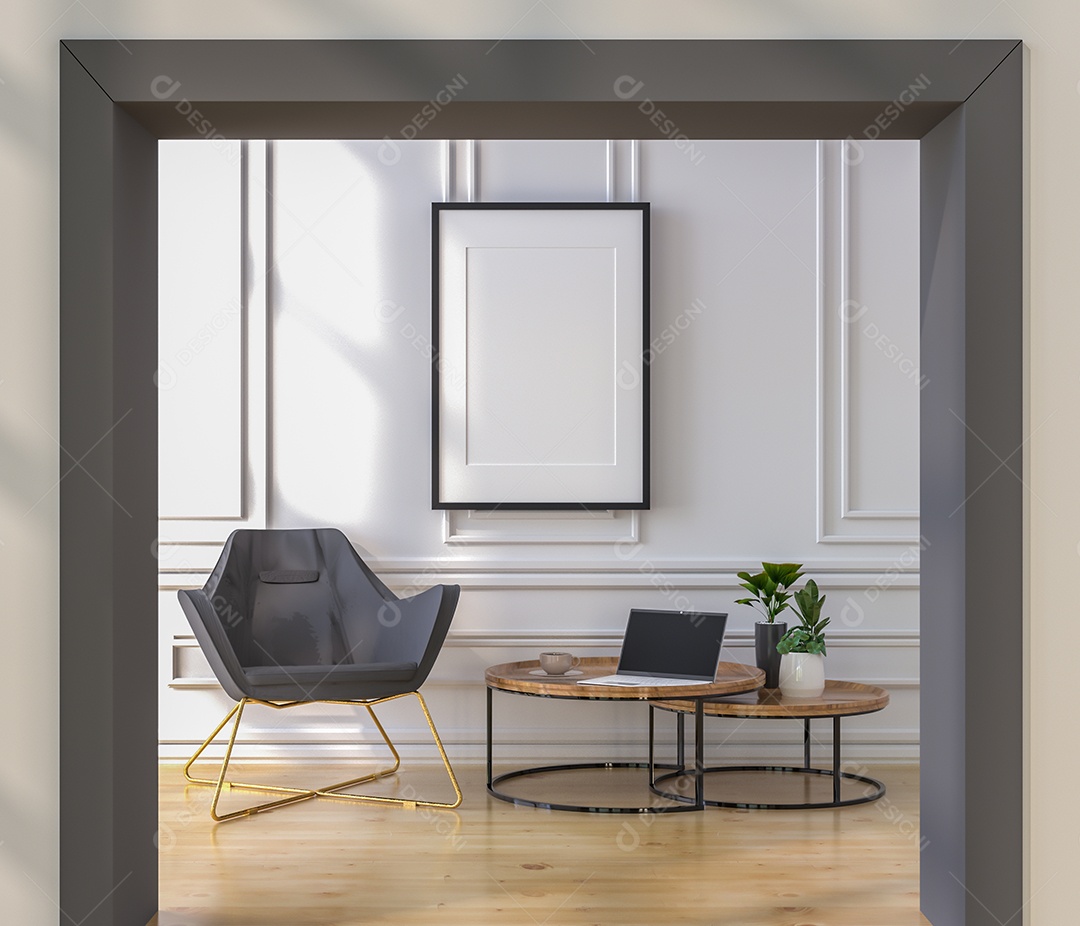 Molduras para fotos de maquete de ilustração 3D na parede da sala de estar, interior de estilo escandinavo com móveis aconchegantes e planta de casa no conceito de decoração natural, renderização