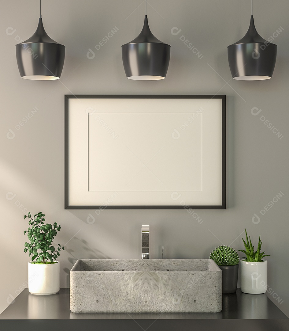 Molduras para fotos de maquete de ilustração 3D na bela parede sobre lavatório no banheiro com vaso de plantas, decorado com equipamento confortável no chão, renderização