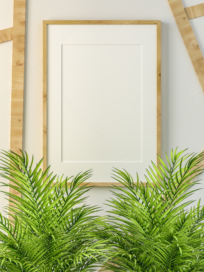 Placa em branco de maquete de ilustração 3D com moldura na parede da sala de estar, interior de estilo escandinavo com vaso de plantas e decoração natural, renderização