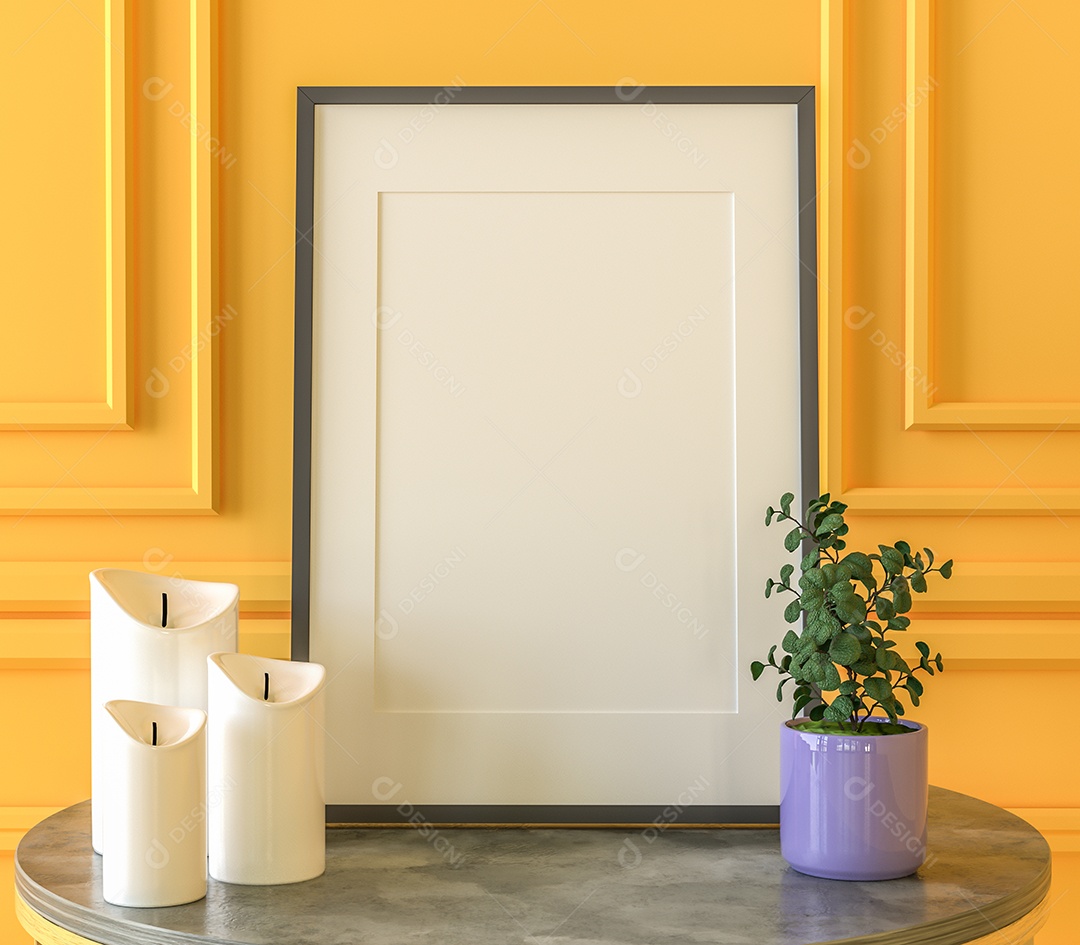 Moldura de foto de maquete de ilustração 3D na bela parede na sala da galeria ou no salão do lugar de luxo, decorada com ornamento de conceito, renderização