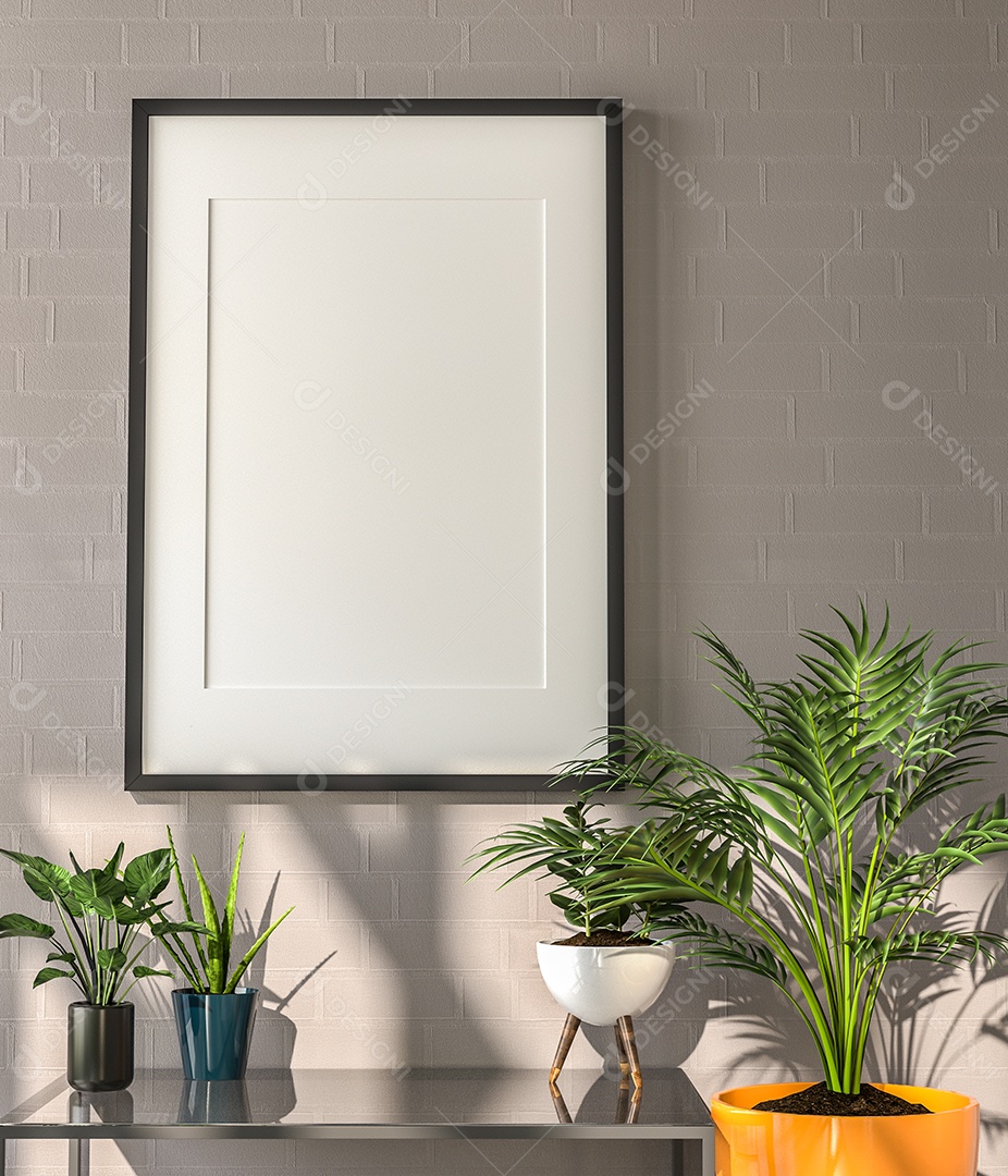 Moldura de foto de maquete de ilustração 3D na bela parede na sala da galeria ou no salão do lugar de luxo, decorada com ornamento de conceito, renderização