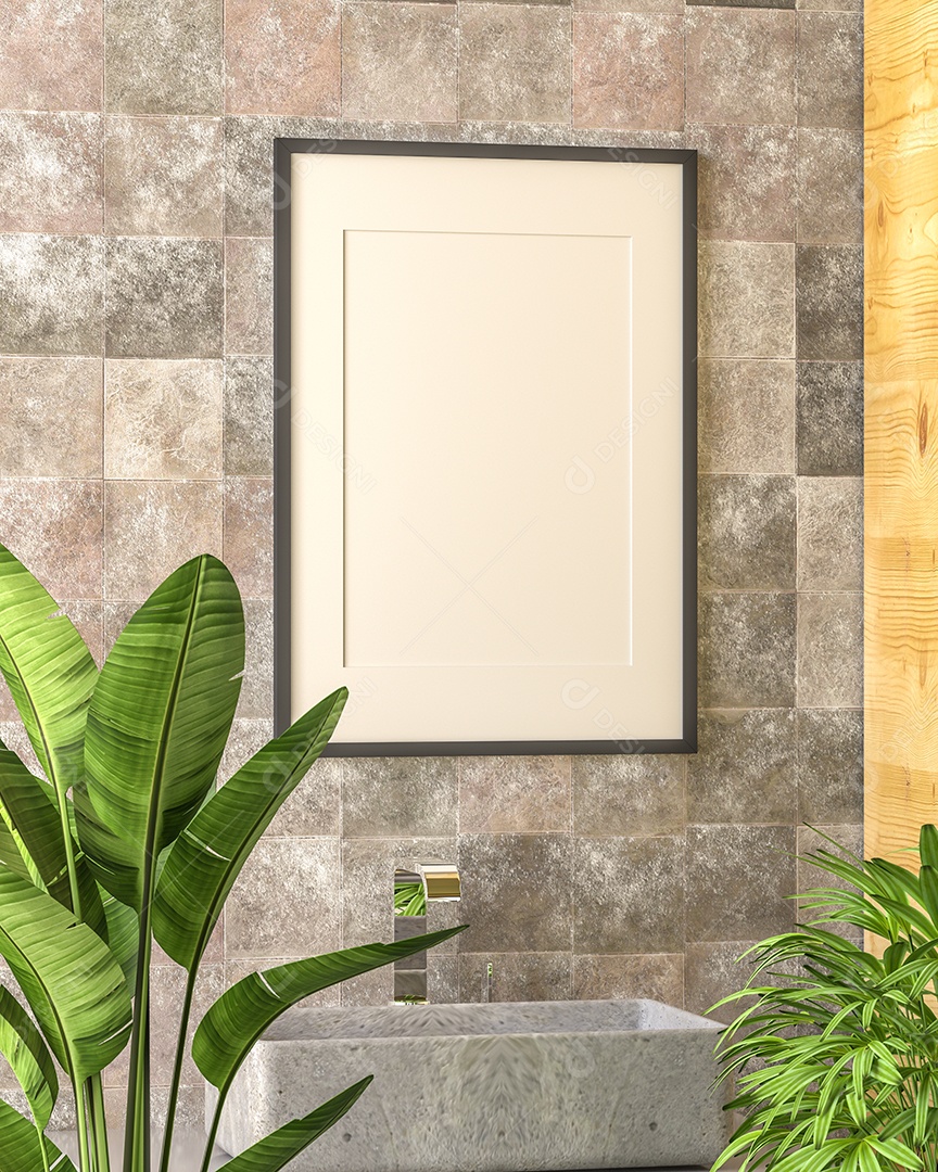 Molduras para fotos de maquete de ilustração 3D na bela parede sobre lavatório no banheiro com vaso de plantas, decorado com equipamento confortável no chão, renderização