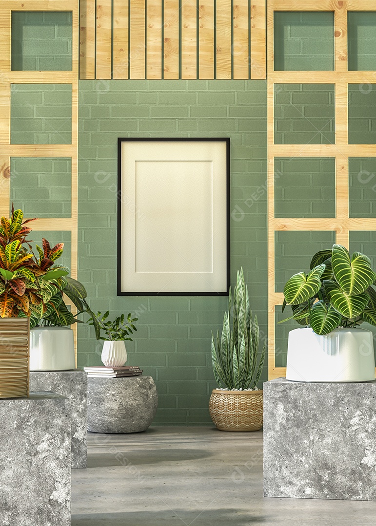 Moldura de foto de maquete de ilustração 3D na bela parede na sala da galeria ou no salão do lugar de luxo, decorada com ornamento de conceito, renderização