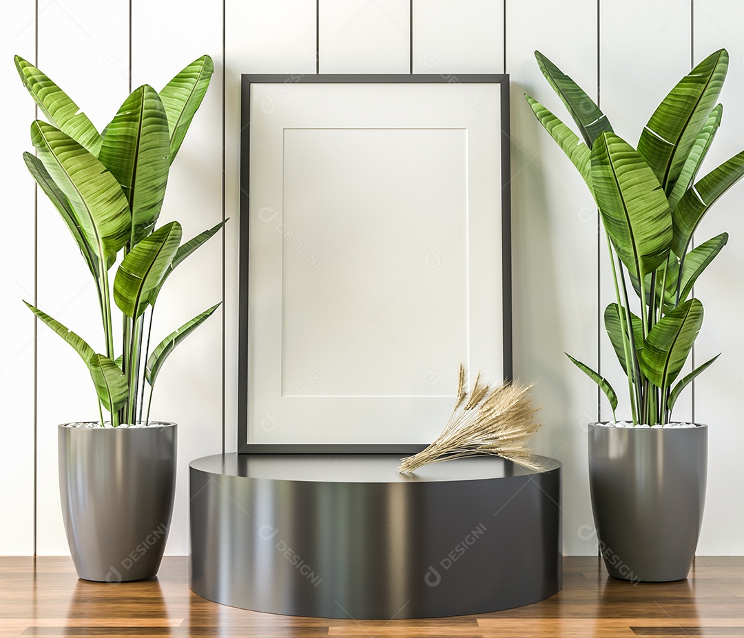 Moldura de foto de maquete de ilustração 3D na bela parede na sala da galeria ou no salão do lugar de luxo, decorada com ornamento de conceito, renderização