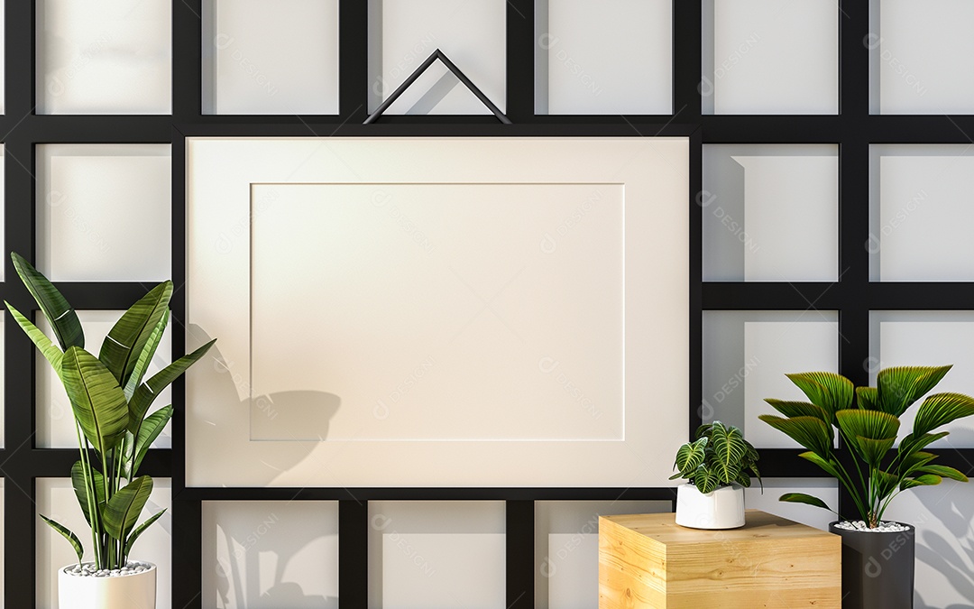 Moldura de foto de maquete de ilustração 3D na bela parede na sala da galeria ou no salão do lugar de luxo, decorada com ornamento de conceito, renderização