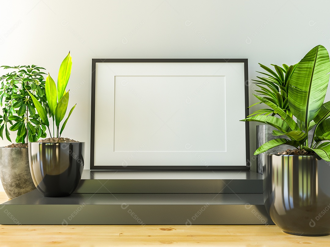 Moldura de foto de maquete de ilustração 3D na bela parede na sala da galeria ou no salão do lugar de luxo, decorada com ornamento de conceito, renderização