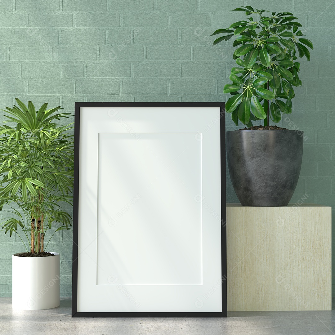 Placa em branco de maquete de ilustração 3D com moldura na parede da sala de estar, interior de estilo escandinavo com vaso de plantas e decoração natural, renderização