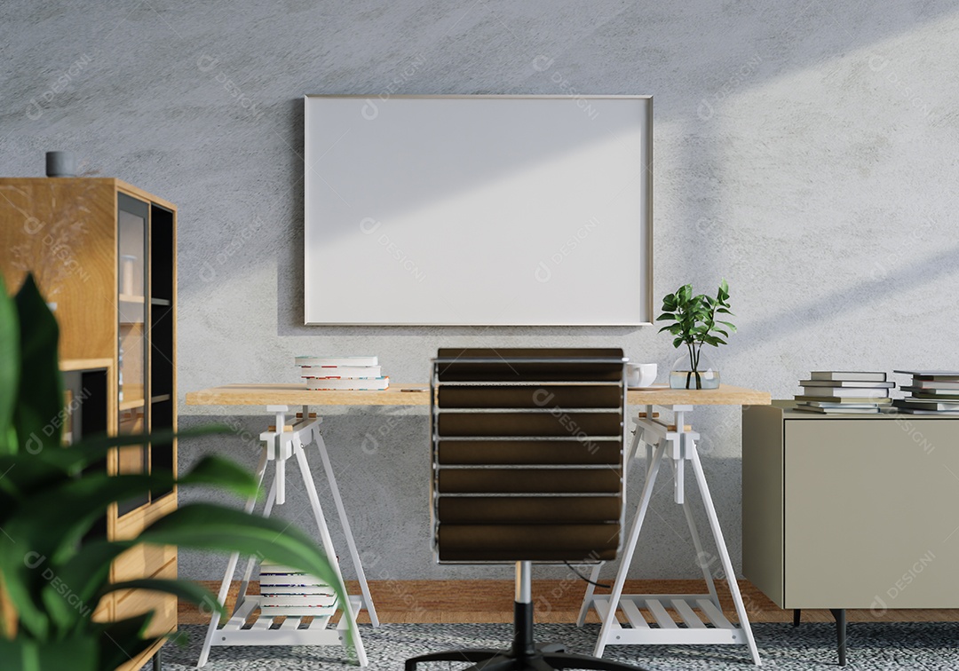 Placa em branco de maquete de ilustração 3D com moldura na parede na área de trabalho em casa, luz solar da janela, renderização