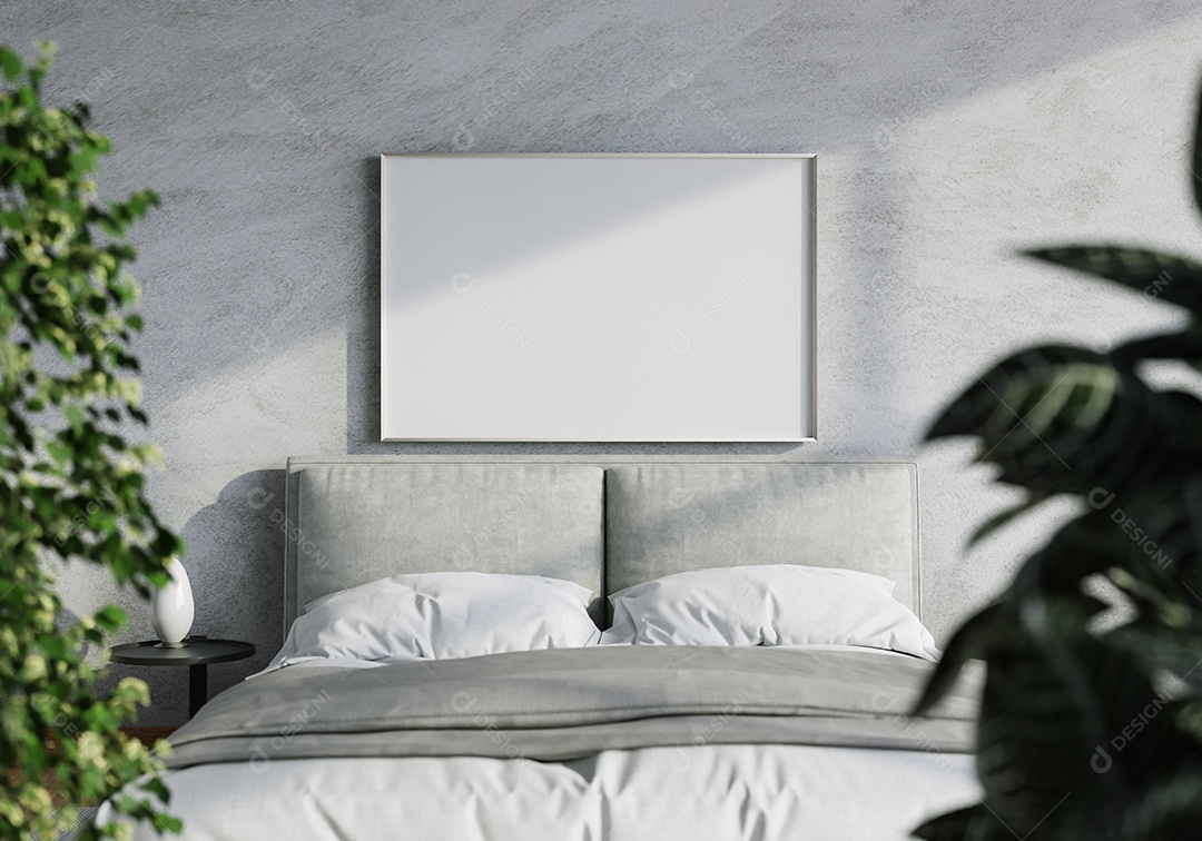 Ilustração 3D Mock up poster frame no interior do quarto, Decorado com móveis bonitos e confortáveis, Renderização