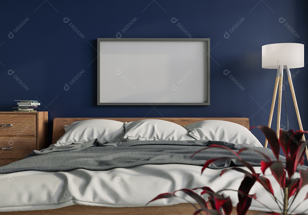 Ilustração 3D Mock up poster frame no interior do quarto, Decorado com móveis bonitos e confortáveis, Renderização