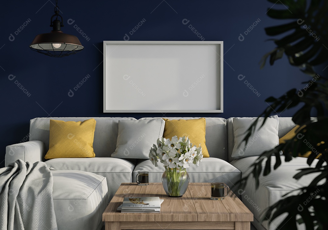 Ilustração 3D Mock up poster frame no interior do quarto, Decorado com móveis bonitos e confortáveis, Renderização