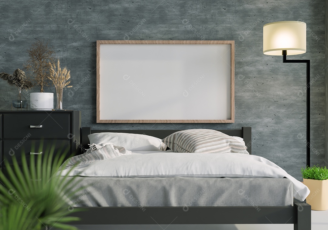 Ilustração 3D Mock up poster frame no interior do quarto, Decorado com móveis bonitos e confortáveis, Renderização