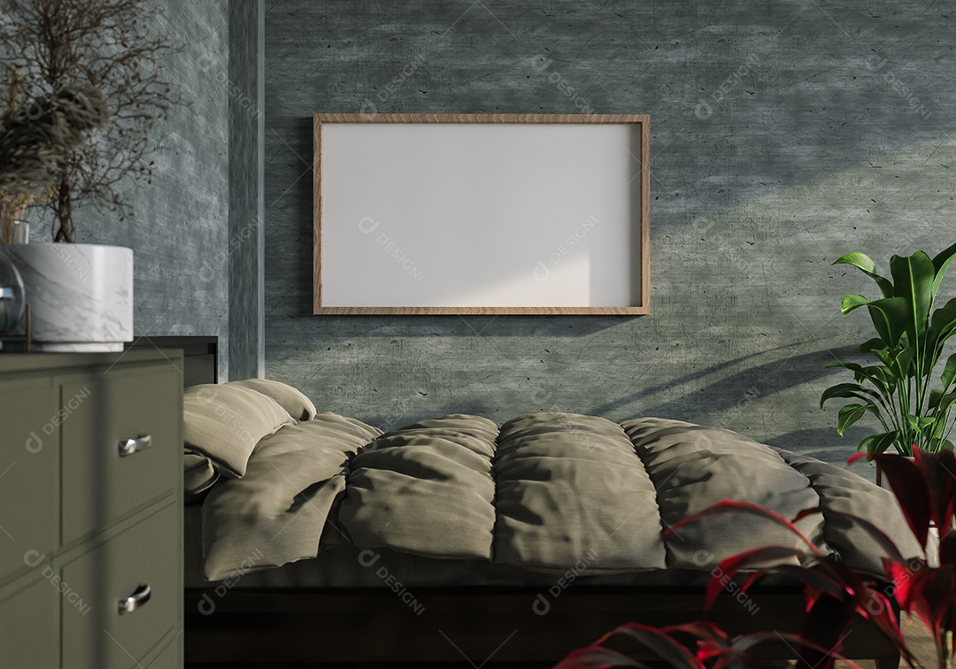 Ilustração 3D Mock up poster frame no interior do quarto, Decorado com móveis bonitos e confortáveis, Renderização