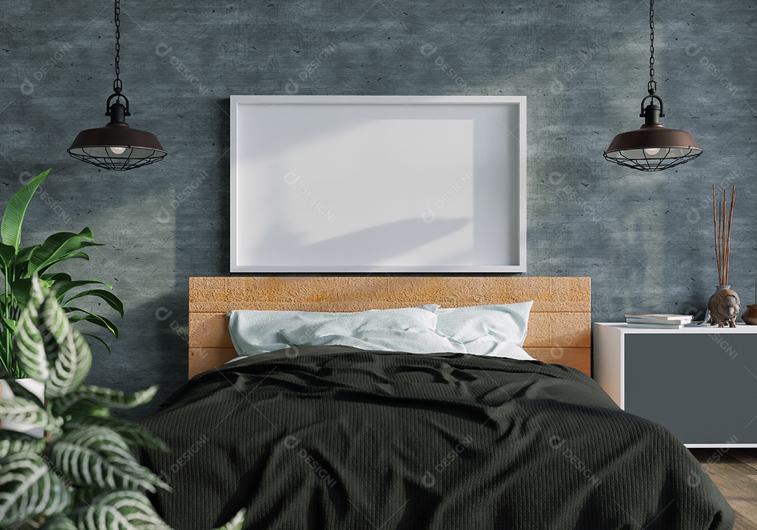 Ilustração 3D Mock up poster frame no interior do quarto, Decorado com móveis bonitos e confortáveis, Renderização