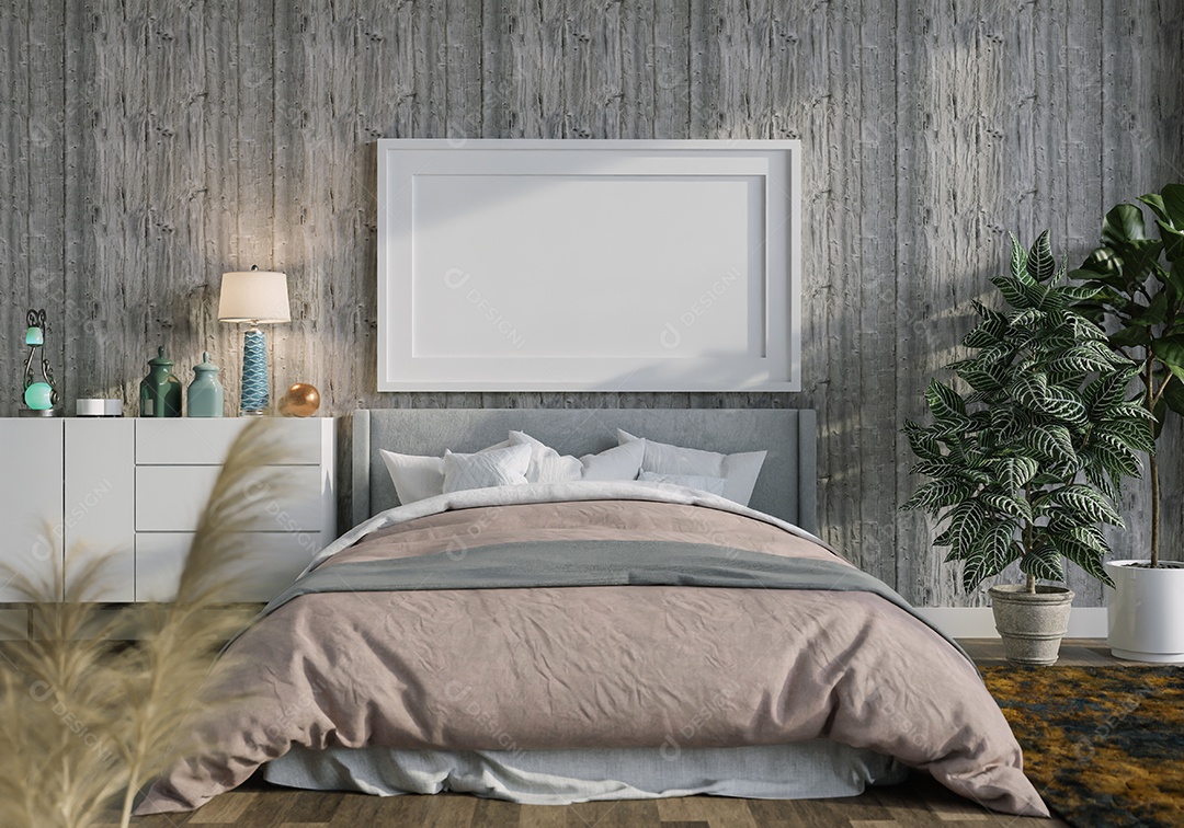 Ilustração 3D Mock up poster frame no interior do quarto, Decorado com móveis bonitos e confortáveis, Renderização
